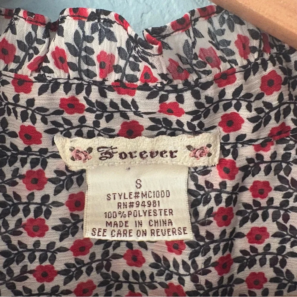 Vintage Forever 21 Red Black Floral Sheer Tunic Top Ruffle Y2K - Picture 8 of 14